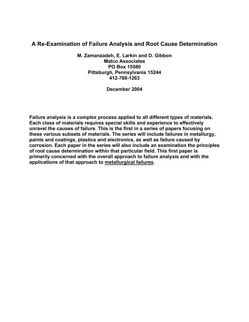 A Re-Examination of Failure Analysis and Root Cause Determination