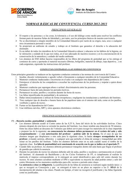 Normas básicas de convivencia 2012-13 - IES Mar de Aragón