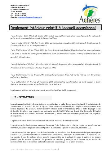 RÃ©glement crÃ©che Lucie Aubrac pour l'accueil ponctuel - AchÃ¨res