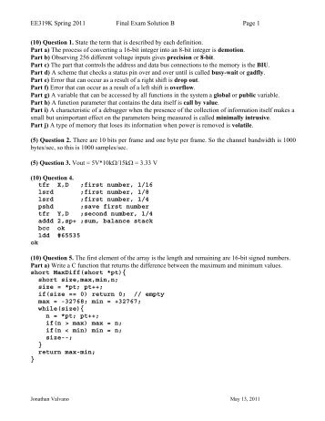 EE319K Spring 2011 Final Exam Solution B Page 1 (10) Question 1 ...