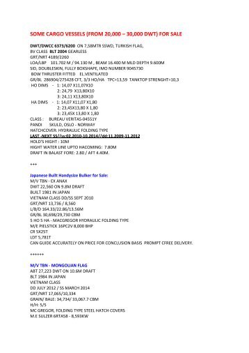 SOME CARGO VESSELS (FROM 20,000 â€“ 30,000 DWT) FOR SALE