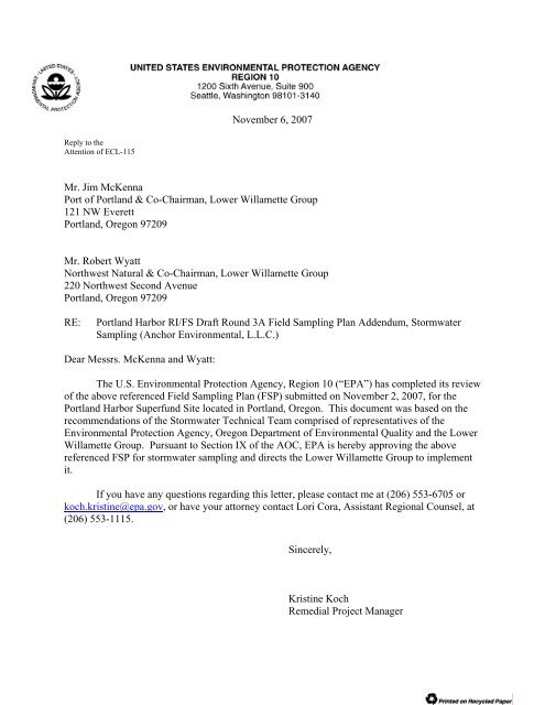 Stormwater Field Sampling Plan Epa Approval Letter - Lwg