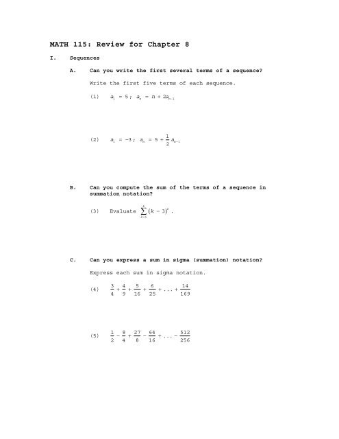 Math 115 Chapter 08 Review - The Learning Lab at HFCC