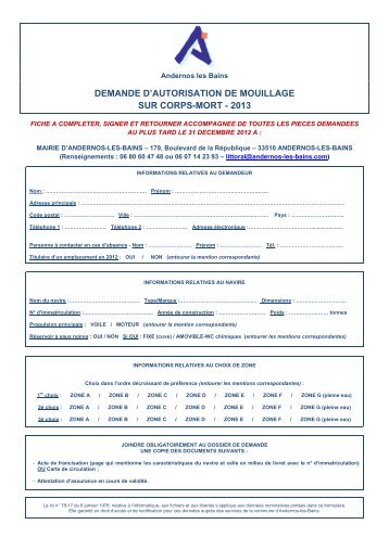 demande d'autorisation de mouillage sur corps ... - Mairie d'Andernos