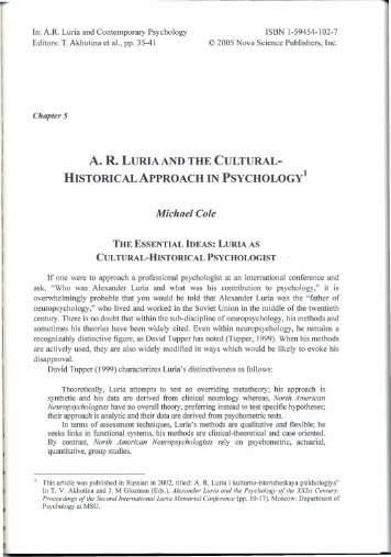 A. R. Luria and the Cultural-Historical Approach in Psychology