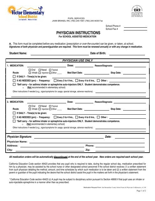 Medication Authorization - Victor Elementary School District