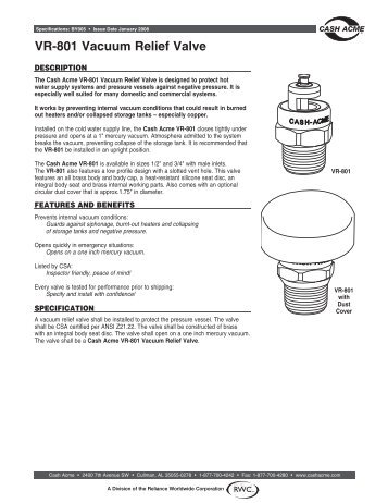 VR-801 Vacuum Relief Valve - Cash Acme