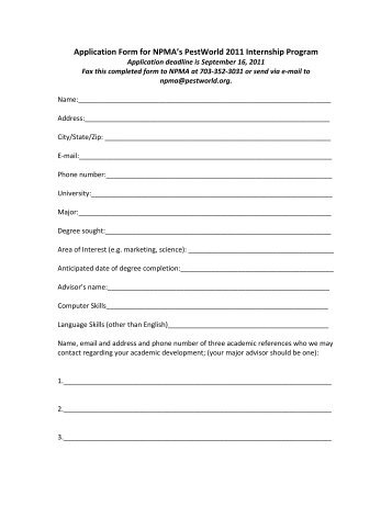 Application Form for NPMA's PestWorld 2011 Internship Program