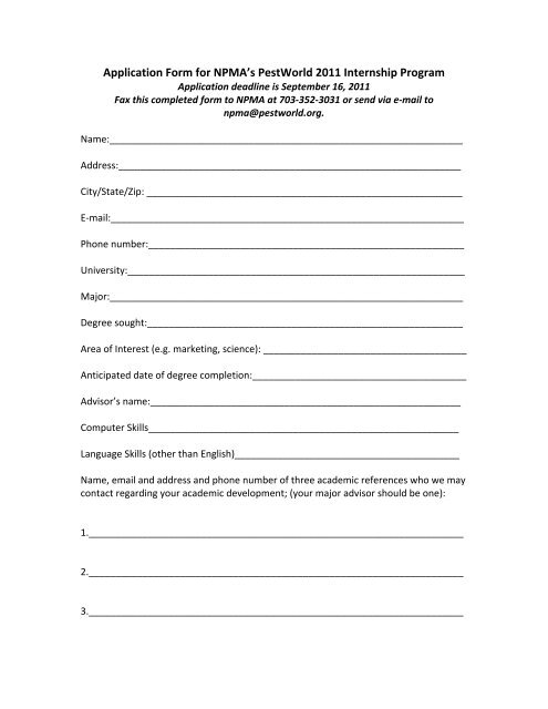 Application Form for NPMA's PestWorld 2011 Internship Program