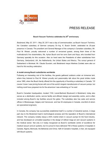 PRESS RELEASE - Busch Vacuum Technics