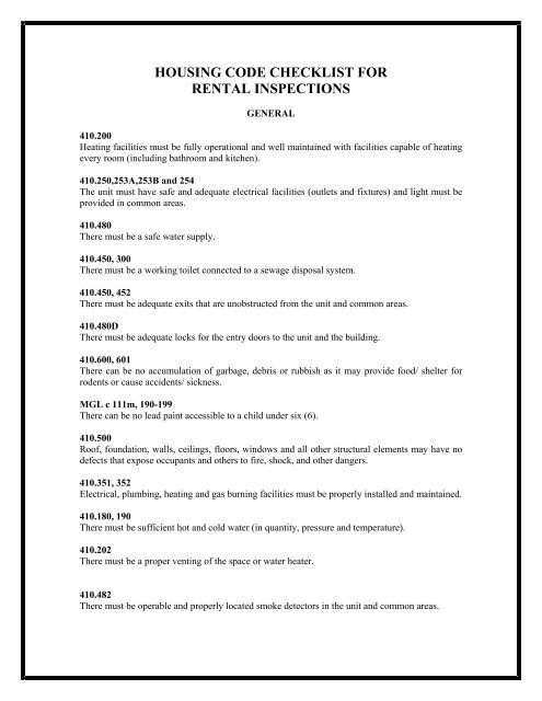 Housing Code Checklist for Rental Inspections - the Town of Dennis