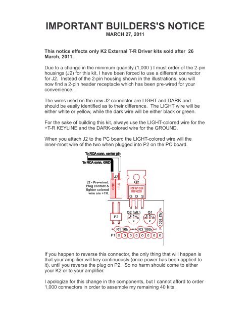 ELECRAFT K2 - TR External Relay Driver using the 8R Line ... - N0SS