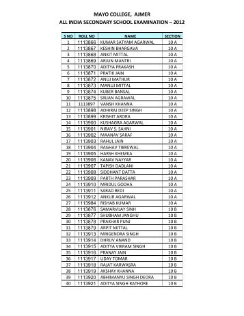 mayo college, ajmer all india secondary school examination â 2012