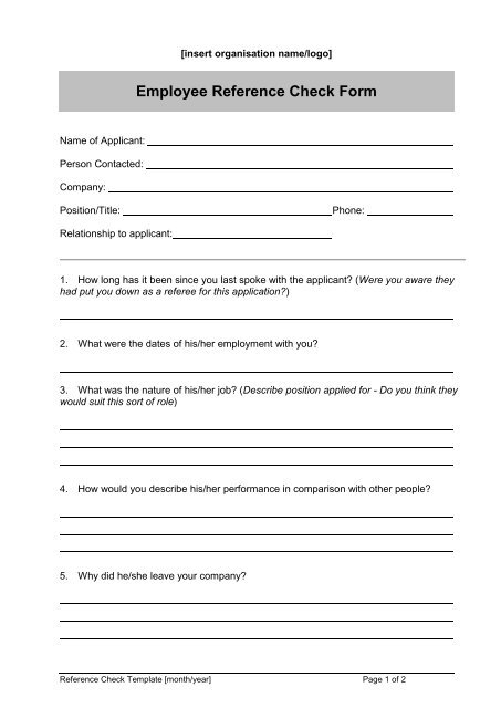 Employment Reference Form Template