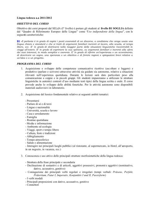 Programma del corso di lingua tedesca 2011/2012 - Servizio ...