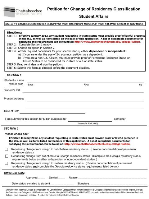 Petition for Change of Residency Classification Form