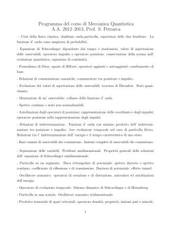 Programma del corso di Meccanica Quantistica AA 2012â2013, Prof ...