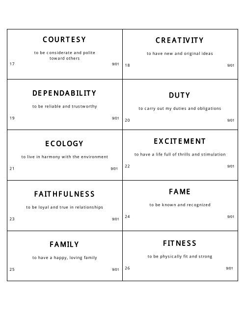 PERSONAL VALUES PERSONAL VALUES Card Sort IMPORTANT ...