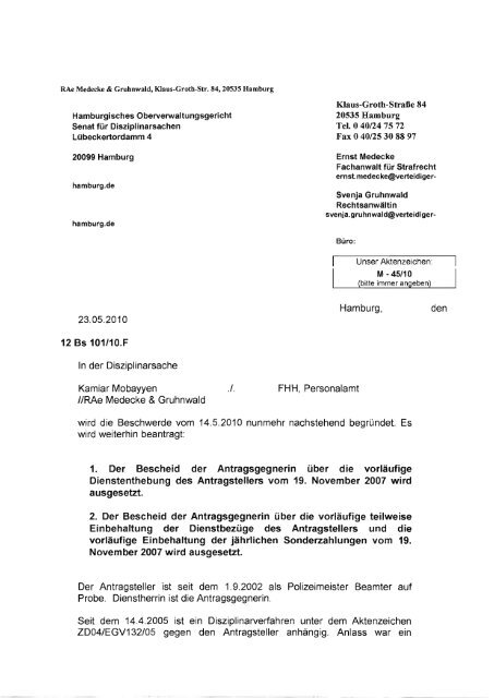 Beschwerde beim Hamburgischen Oberverwaltungsgericht ...
