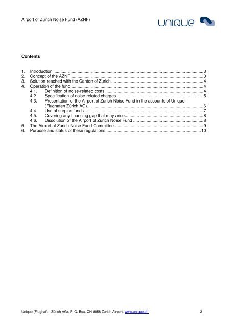 Regulations for Airport of Zurich Noise Fund (AZNF)