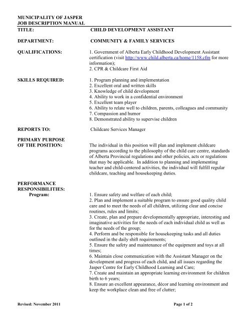 Job Description - Child Development Assistant - Municipality of Jasper