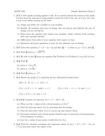 MATH 1500 Sample Questions Exam 2 1. [3.7] A 10-ft plank is ...