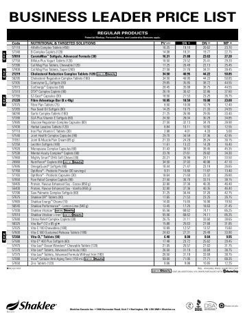 BUSINESS LEADER PRIcE LISt - Shaklee