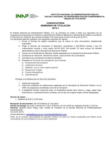 CONVOCATORIA SEMINARIO DE TITULACIÓN 2013-1 - Inap