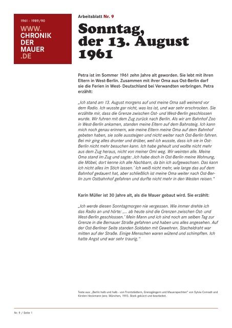 Arbeitsblatt Nr 9 Sonntag Der 13 August 1961 Chronik Der Mauer