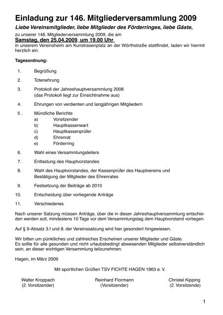 Einladung zur 146. Mitgliederversammlung 2009 - TSV Fichte ...