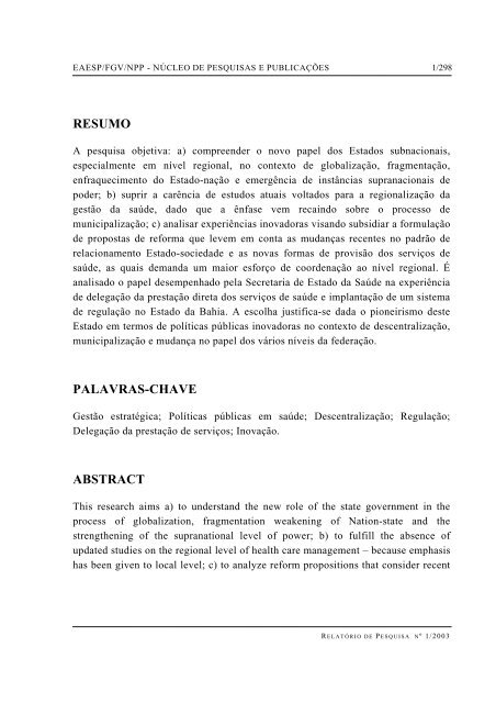 RESUMO PALAVRAS-CHAVE ABSTRACT - GV Pesquisa