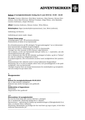 Referat af menighedsrådsmøde tirsdag den 8. juni 2010 ... - KirkeWeb