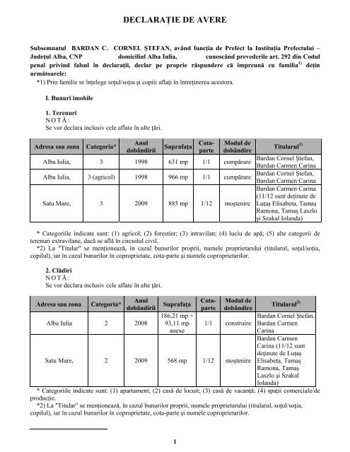 Declaratie de avere si interese - Prefectura JudeÅ£ului Alba