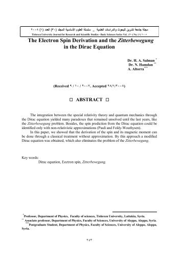 The Electron Spin Derivation and the Zitterbewegung in the Dirac ...