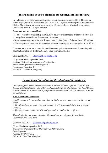 Instructions pour l'obtention du certificat phytosanitaire Instructions ...