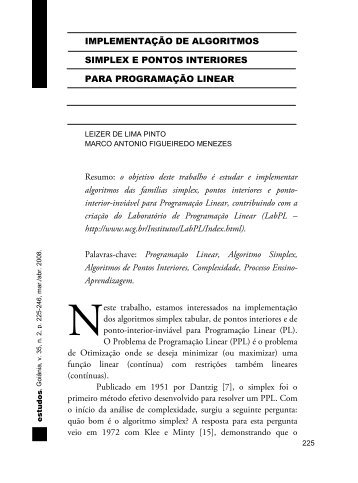 IMPLEMENTAÃÃO DE ALGORITMOS SIMPLEX E PONTOS ... - Ucg