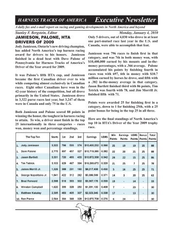 HARNESS TRACKS OF AMERICA Executive Newsletter