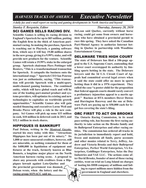 HARNESS TRACKS OF AMERICA Executive Newsletter