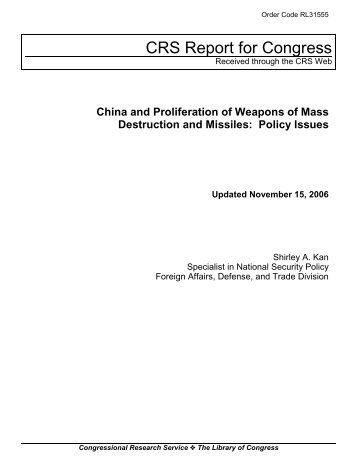 China and Proliferation of Weapons of Mass Destruction and Missiles