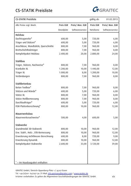 CS-STATIK Preisliste - Graitec