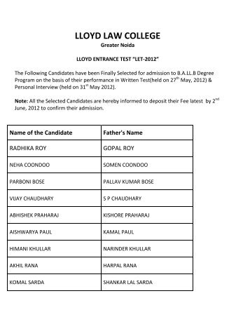 Result of Interview held on 31st May, 2012. - Lloyd Law College ...