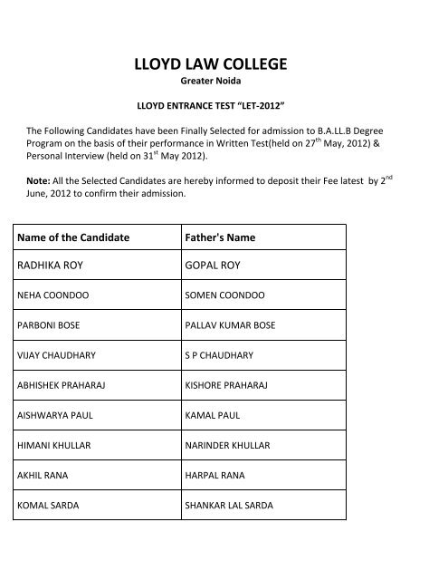 Result of Interview held on 31st May, 2012. - Lloyd Law College ...