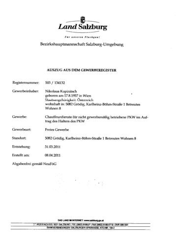 Auszug aus dem Gewerberegister