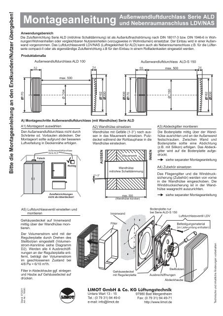 Montageanleitung Außenwandluftdurchlass Serie ALD und - Limot