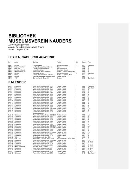 Bibliothek Museumsverein Nauders