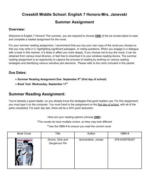 7th Grade English Honors 2013 (pdf) - Cresskill Public Schools