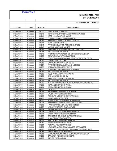 CONTPAQ i Movimientos, Auxiliares del C del 01/Ene/2013 al 31/Ene/