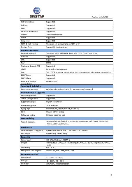 DAG1000-4_8_16FXO VoIP ATA Gateway Feature List V1.1