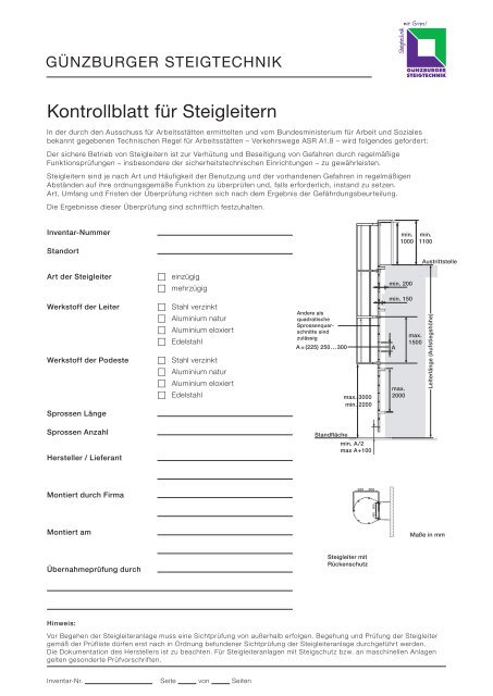 Kontrollblatt fÃ¼r Steigleitern - GÃ¼nzburger Steigtechnik GmbH