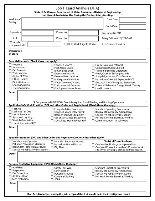 Job Hazard Analysis Jha Water State Of California